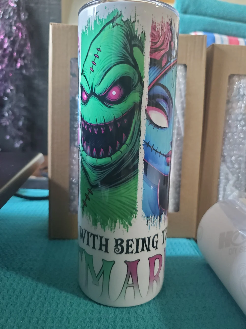 Nightmare Inspired Skinny Tumbler with Neon Blue & Pink Character Art